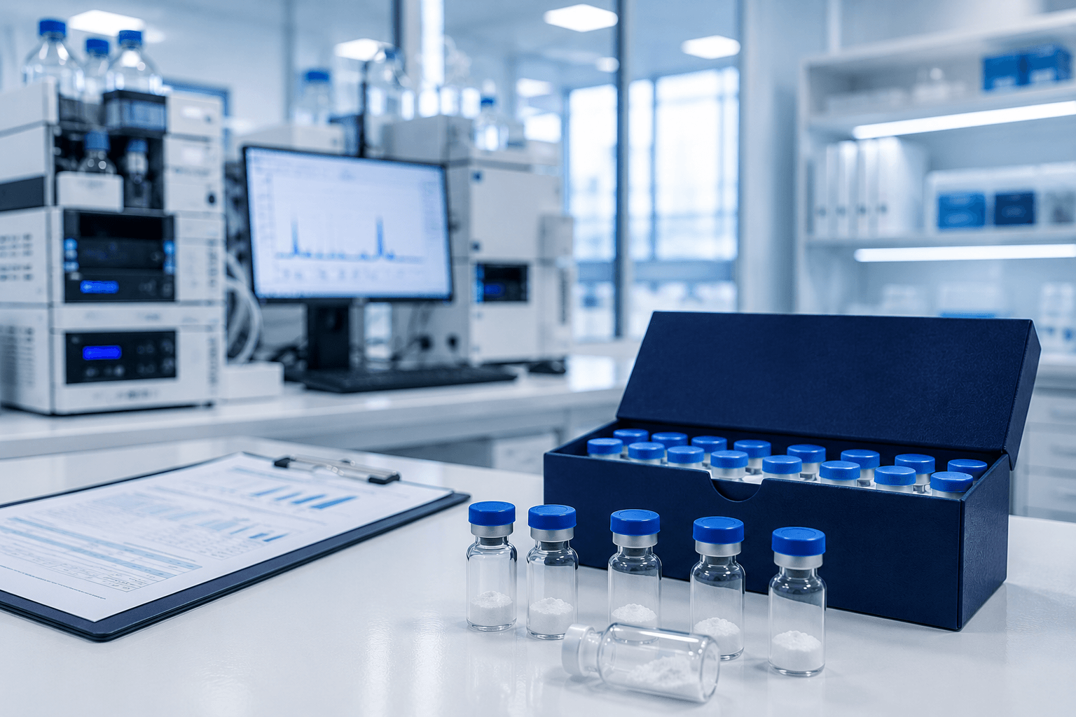Researchers reviewing peptide quality documentation